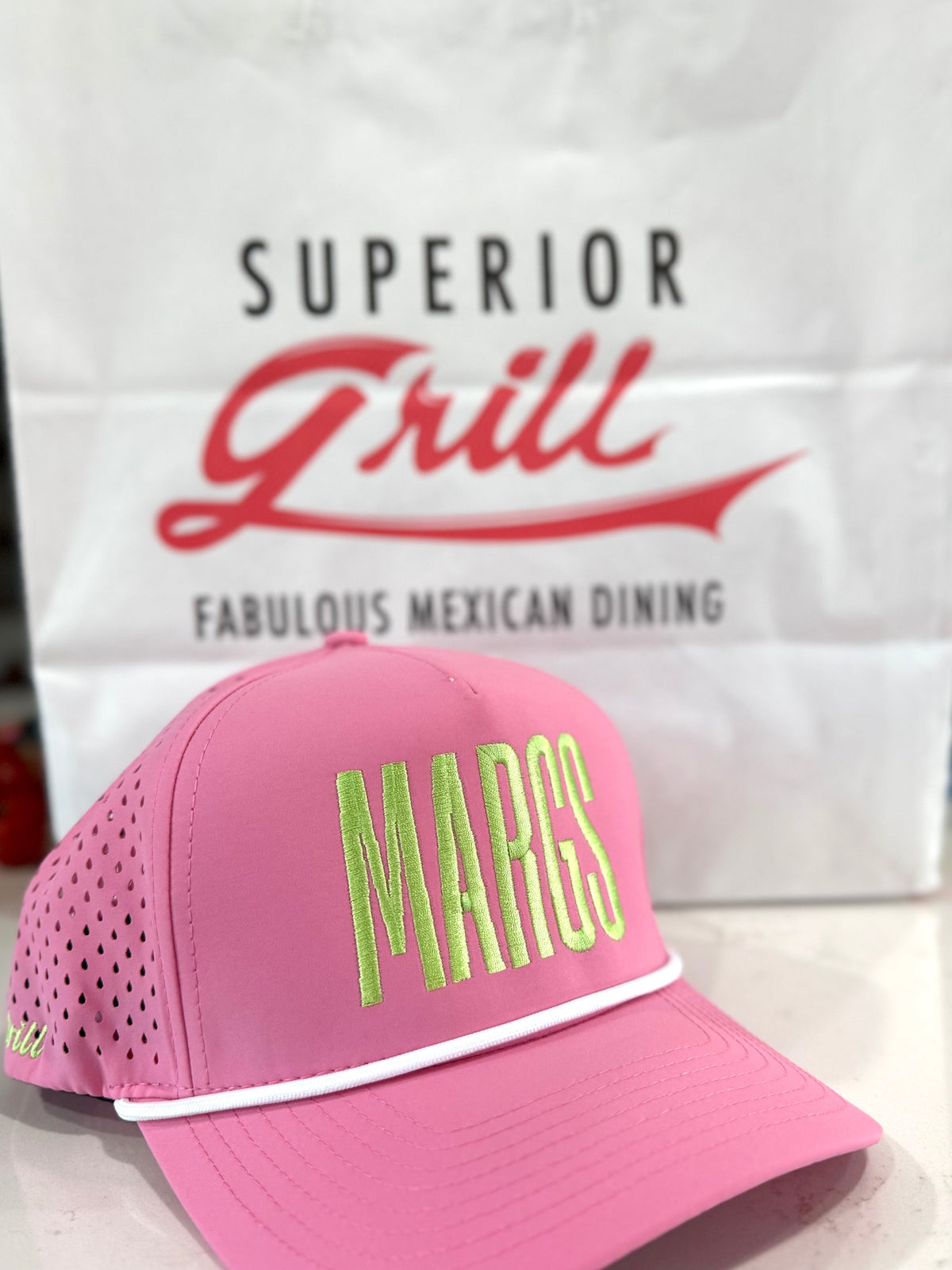Pink MARGS Hat with lime green letters