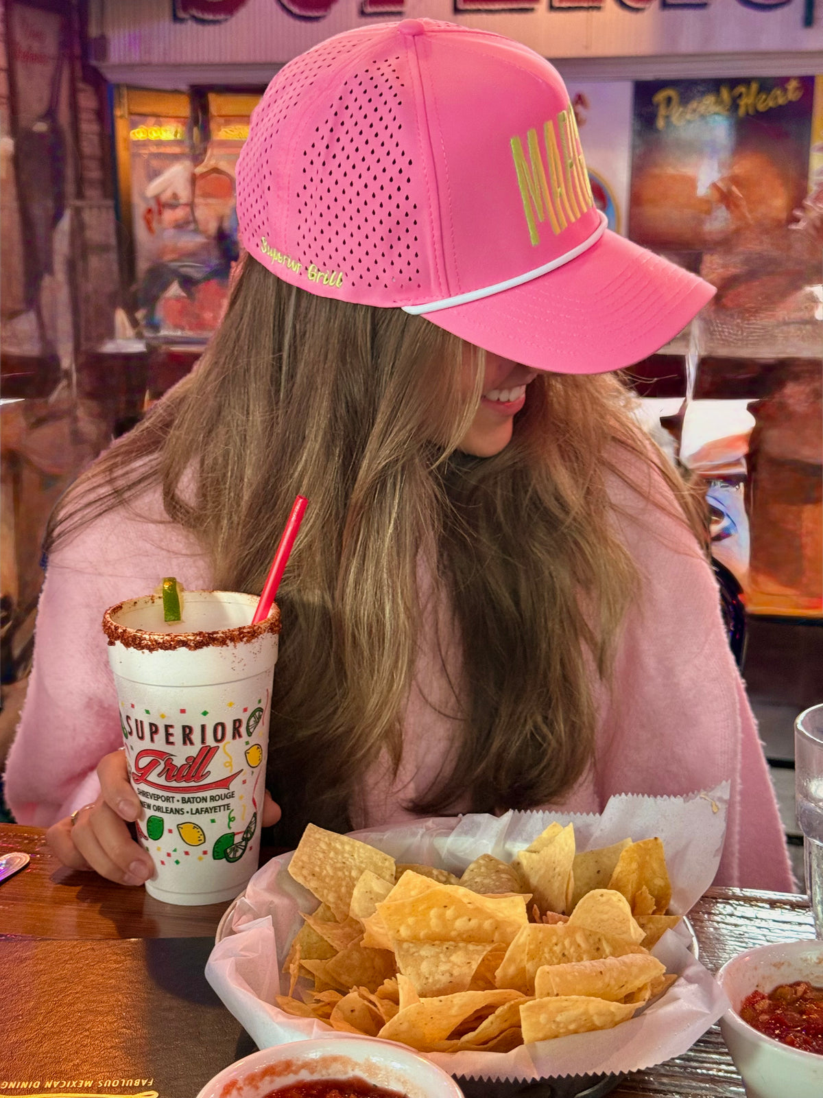 Pink MARGS Hat with lime green letters