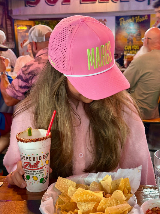 Pink MARGS Hat with lime green letters