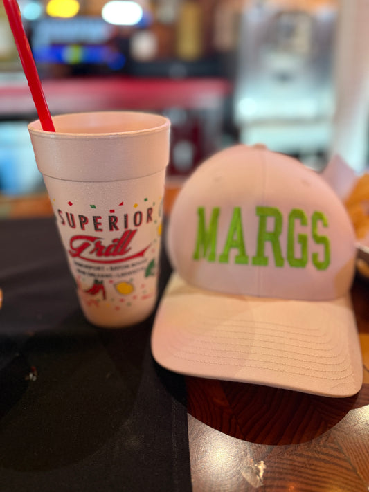 White MARGS Hat with lime green letters